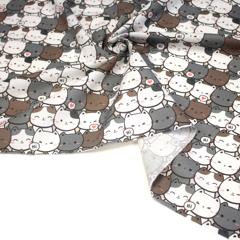 Tissu cotonnade KAWAII aux chats japonais blancs et gris - OEKO - TEX - tissuspipi.com