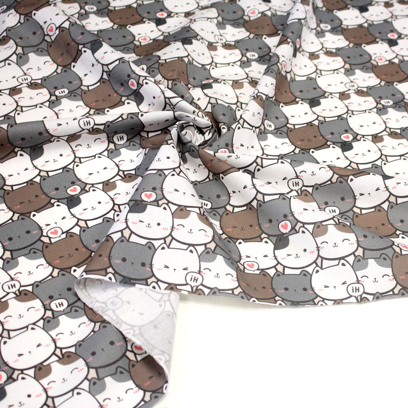 Tissu cotonnade KAWAII aux chats japonais blancs et gris - OEKO - TEX - tissuspipi.com