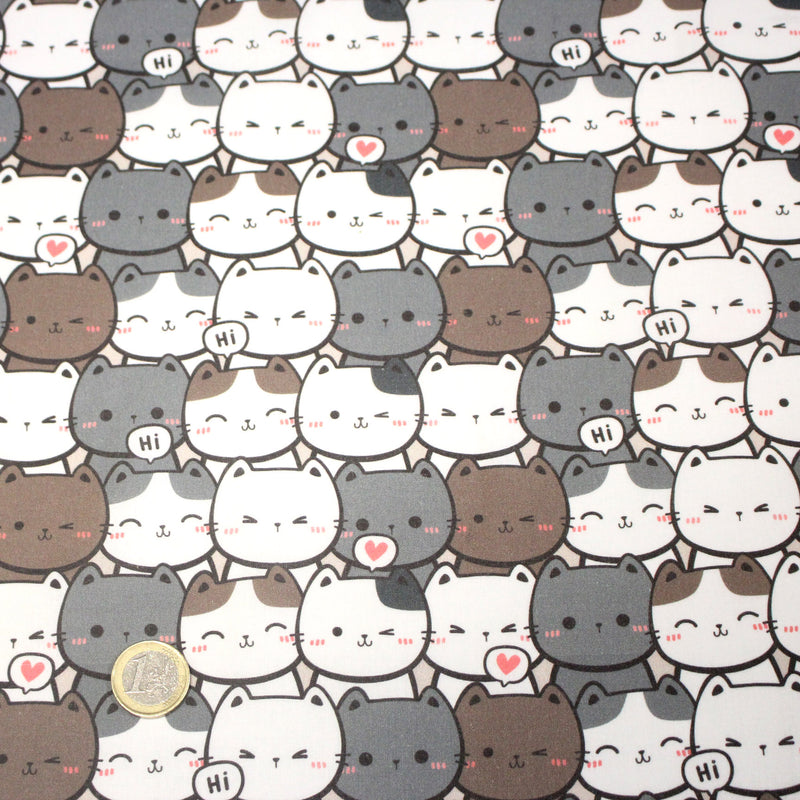 Tissu cotonnade KAWAII aux chats japonais blancs et gris - OEKO - TEX - tissuspipi.com