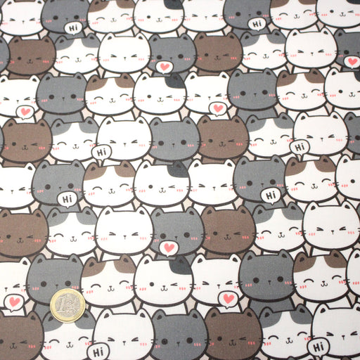 Tissu cotonnade KAWAII aux chats japonais blancs et gris - OEKO - TEX - tissuspipi.com