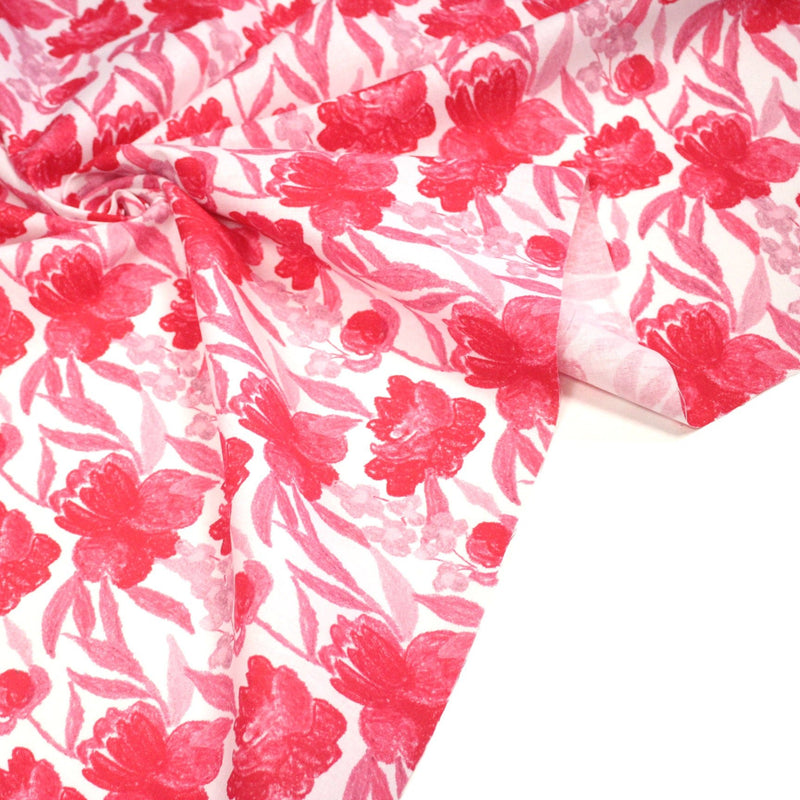 Tissu cotonnade fleurie rose fuchsia - COLLECTION FLEURS AU CRAYON - OEKO - TEX - tissuspipi.com