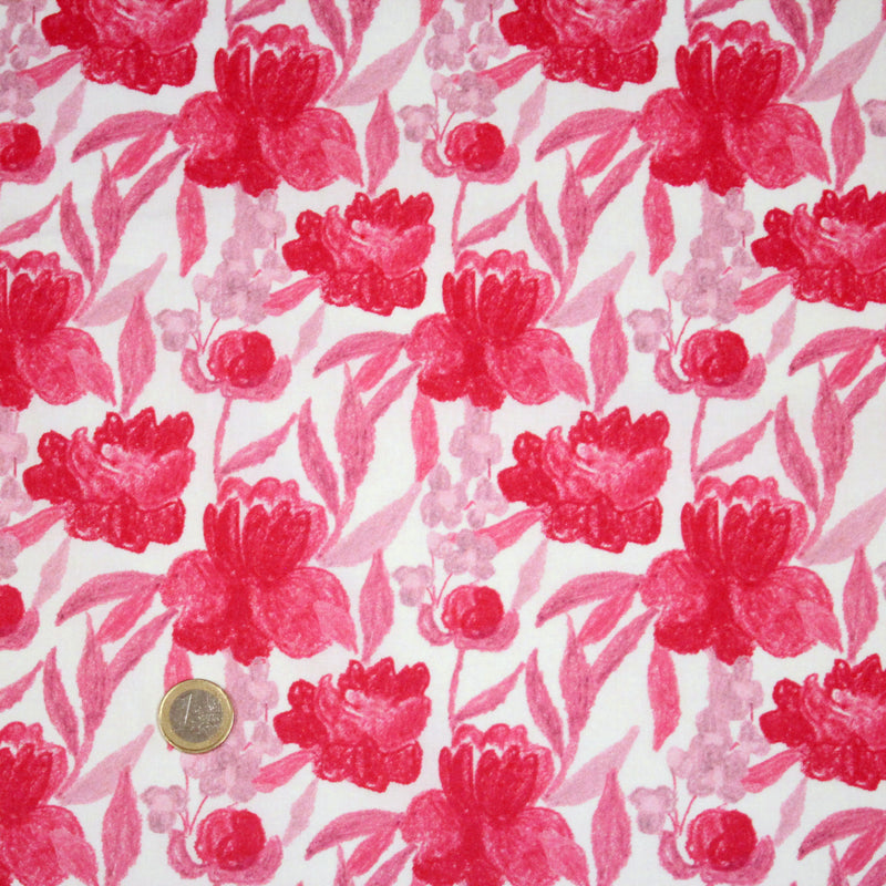 Tissu cotonnade fleurie rose fuchsia - COLLECTION FLEURS AU CRAYON - OEKO - TEX - tissuspipi.com