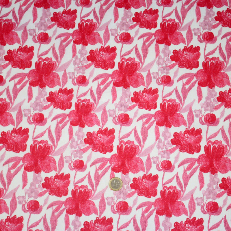 Tissu cotonnade fleurie rose fuchsia - COLLECTION FLEURS AU CRAYON - OEKO - TEX - tissuspipi.com