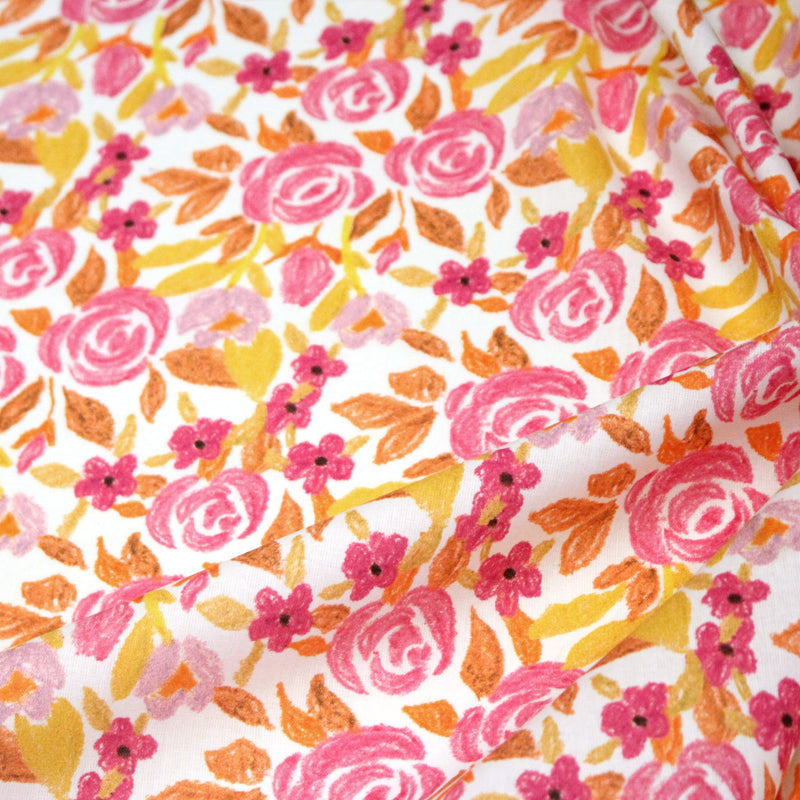 Tissu cotonnade fleurie rose jaune et orange - COLLECTION FLEURS AU CRAYON - OEKO - TEX - tissuspipi.com