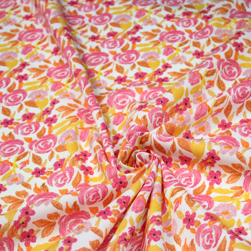 Tissu cotonnade fleurie rose jaune et orange - COLLECTION FLEURS AU CRAYON - OEKO - TEX - tissuspipi.com