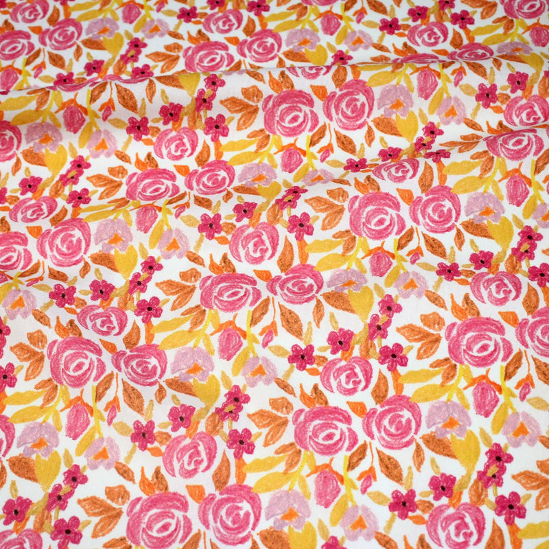 Tissu cotonnade fleurie rose jaune et orange - COLLECTION FLEURS AU CRAYON - OEKO - TEX - tissuspipi.com