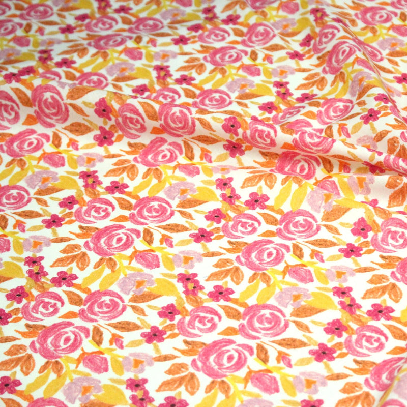 Tissu cotonnade fleurie rose jaune et orange - COLLECTION FLEURS AU CRAYON - OEKO - TEX - tissuspipi.com