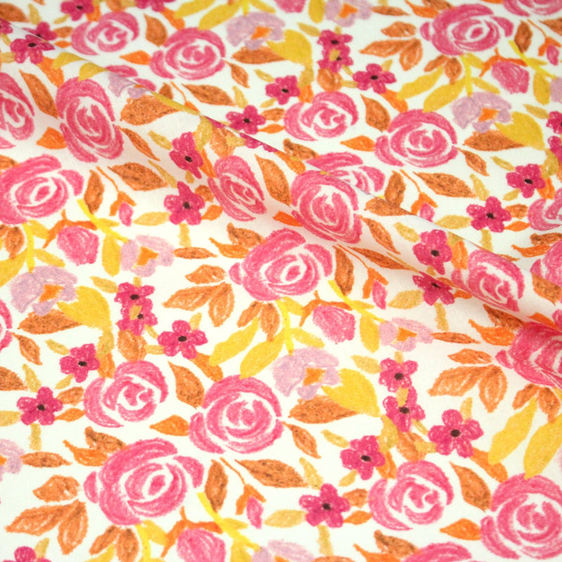 Tissu cotonnade fleurie rose jaune et orange - COLLECTION FLEURS AU CRAYON - OEKO - TEX - tissuspipi.com