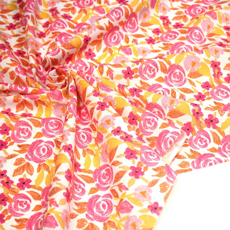 Tissu cotonnade fleurie rose jaune et orange - COLLECTION FLEURS AU CRAYON - OEKO - TEX - tissuspipi.com