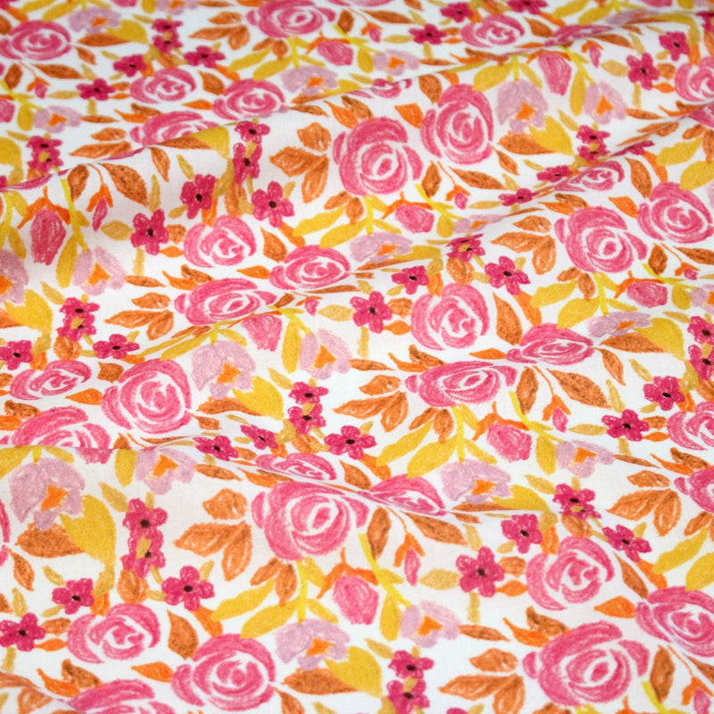Tissu cotonnade fleurie rose jaune et orange - COLLECTION FLEURS AU CRAYON - OEKO - TEX - tissuspipi.com