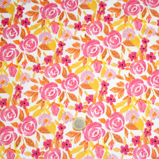 Tissu cotonnade fleurie rose jaune et orange - COLLECTION FLEURS AU CRAYON - OEKO - TEX - tissuspipi.com