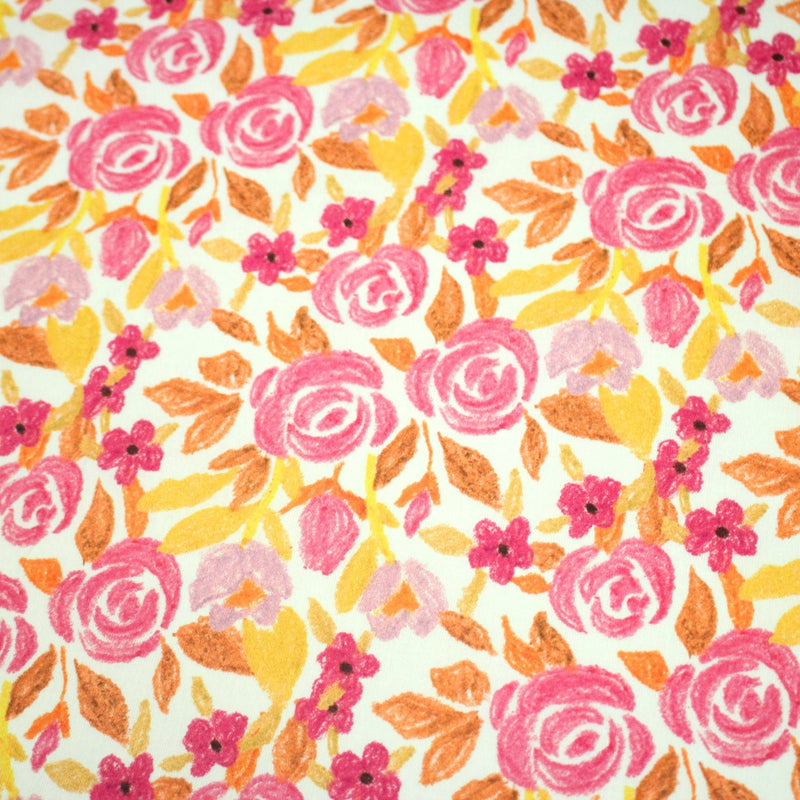 Tissu cotonnade fleurie rose jaune et orange - COLLECTION FLEURS AU CRAYON - OEKO - TEX - tissuspipi.com
