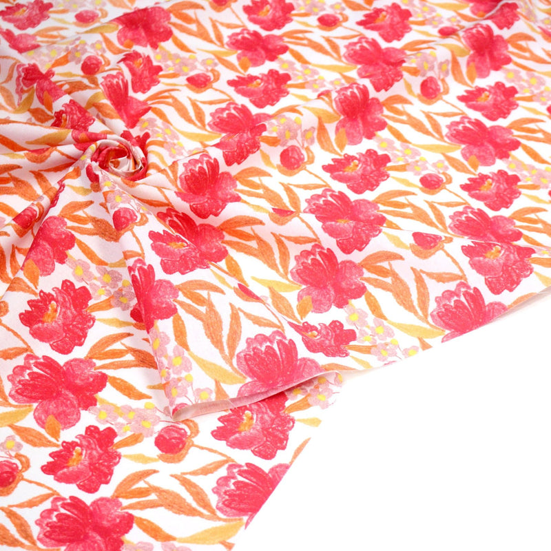 Tissu cotonnade fleurie rose fuchsia et orange safran - COLLECTION FLEURS AU CRAYON - OEKO - TEX - tissuspipi.com