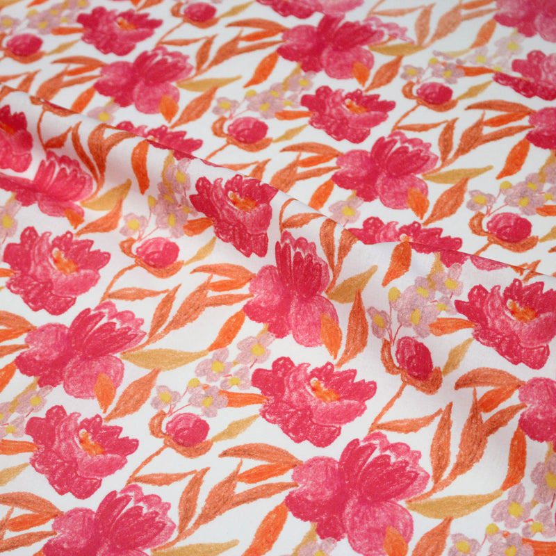 Tissu cotonnade fleurie rose fuchsia et orange safran - COLLECTION FLEURS AU CRAYON - OEKO - TEX - tissuspipi.com