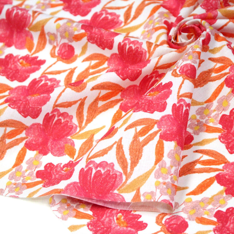 Tissu cotonnade fleurie rose fuchsia et orange safran - COLLECTION FLEURS AU CRAYON - OEKO - TEX - tissuspipi.com