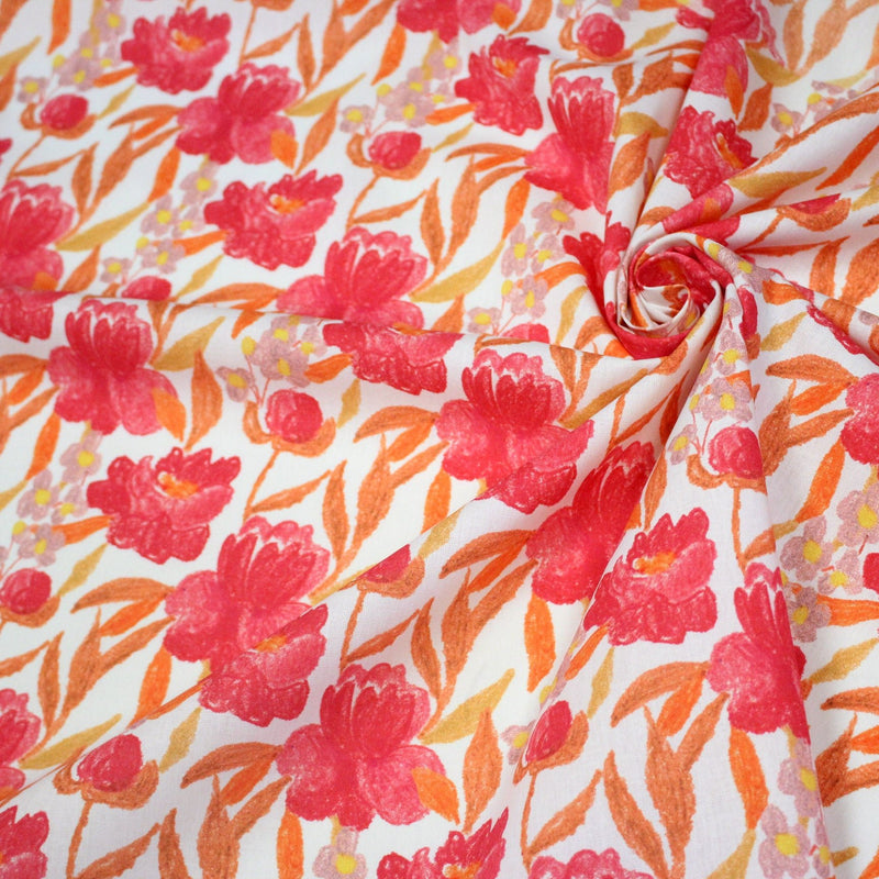 Tissu cotonnade fleurie rose fuchsia et orange safran - COLLECTION FLEURS AU CRAYON - OEKO - TEX - tissuspipi.com