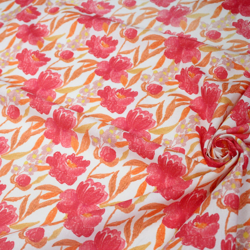 Tissu cotonnade fleurie rose fuchsia et orange safran - COLLECTION FLEURS AU CRAYON - OEKO - TEX - tissuspipi.com