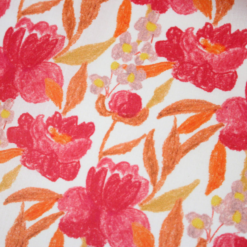Tissu cotonnade fleurie rose fuchsia et orange safran - COLLECTION FLEURS AU CRAYON - OEKO - TEX - tissuspipi.com