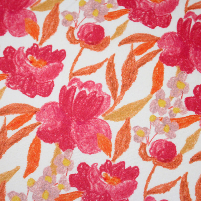 Tissu cotonnade fleurie rose fuchsia et orange safran - COLLECTION FLEURS AU CRAYON - OEKO - TEX - tissuspipi.com