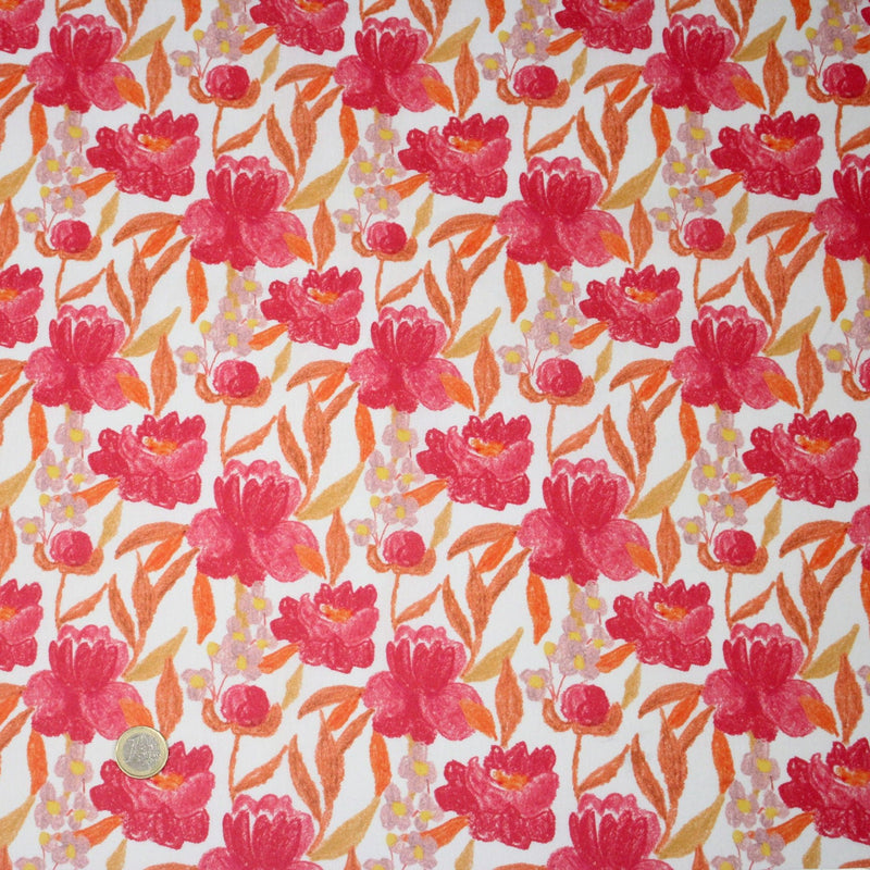Tissu cotonnade fleurie rose fuchsia et orange safran - COLLECTION FLEURS AU CRAYON - OEKO - TEX - tissuspipi.com