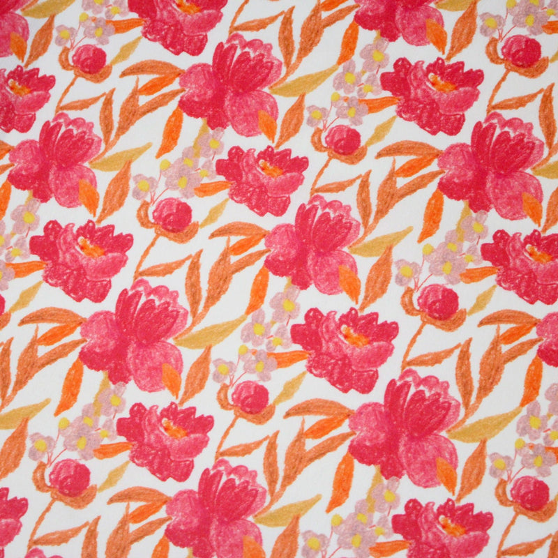 Tissu cotonnade fleurie rose fuchsia et orange safran - COLLECTION FLEURS AU CRAYON - OEKO - TEX - tissuspipi.com