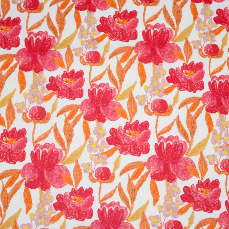 Tissu cotonnade fleurie rose fuchsia et orange safran - COLLECTION FLEURS AU CRAYON - OEKO - TEX - tissuspipi.com