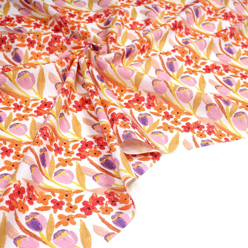 Tissu cotonnade fleurie rose, jaune, rouge et parme - COLLECTION FLEURS AU CRAYON - OEKO - TEX - tissuspipi.com