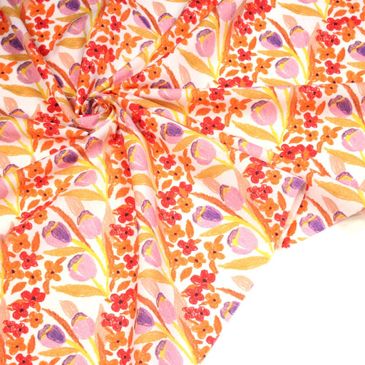 Tissu cotonnade fleurie rose, jaune, rouge et parme - COLLECTION FLEURS AU CRAYON - OEKO - TEX - tissuspipi.com