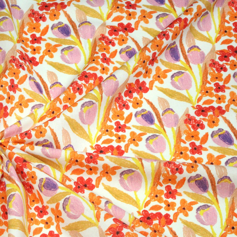 Tissu cotonnade fleurie rose, jaune, rouge et parme - COLLECTION FLEURS AU CRAYON - OEKO - TEX - tissuspipi.com