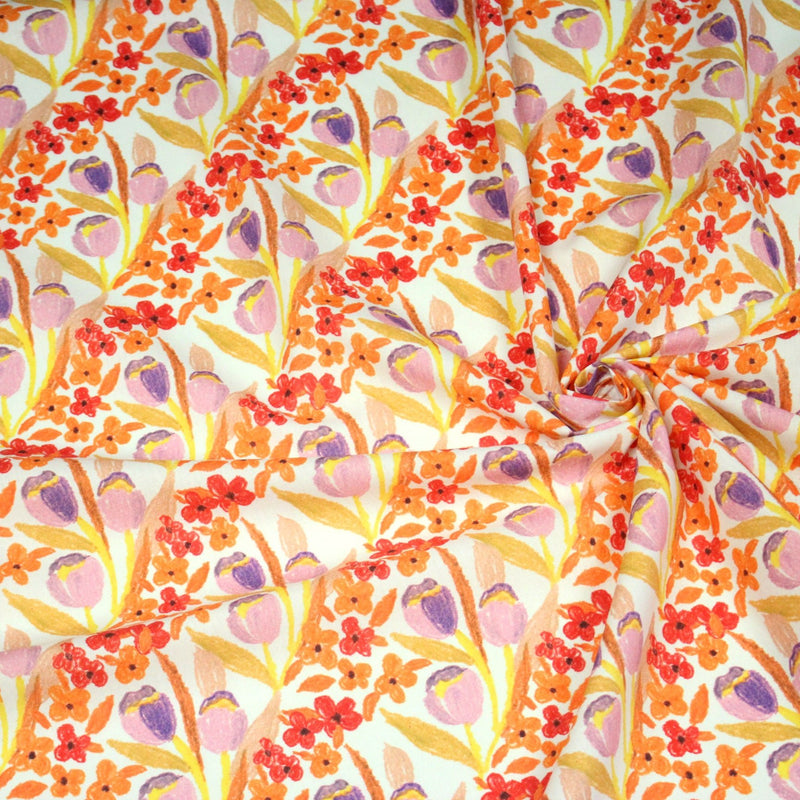 Tissu cotonnade fleurie rose, jaune, rouge et parme - COLLECTION FLEURS AU CRAYON - OEKO - TEX - tissuspipi.com