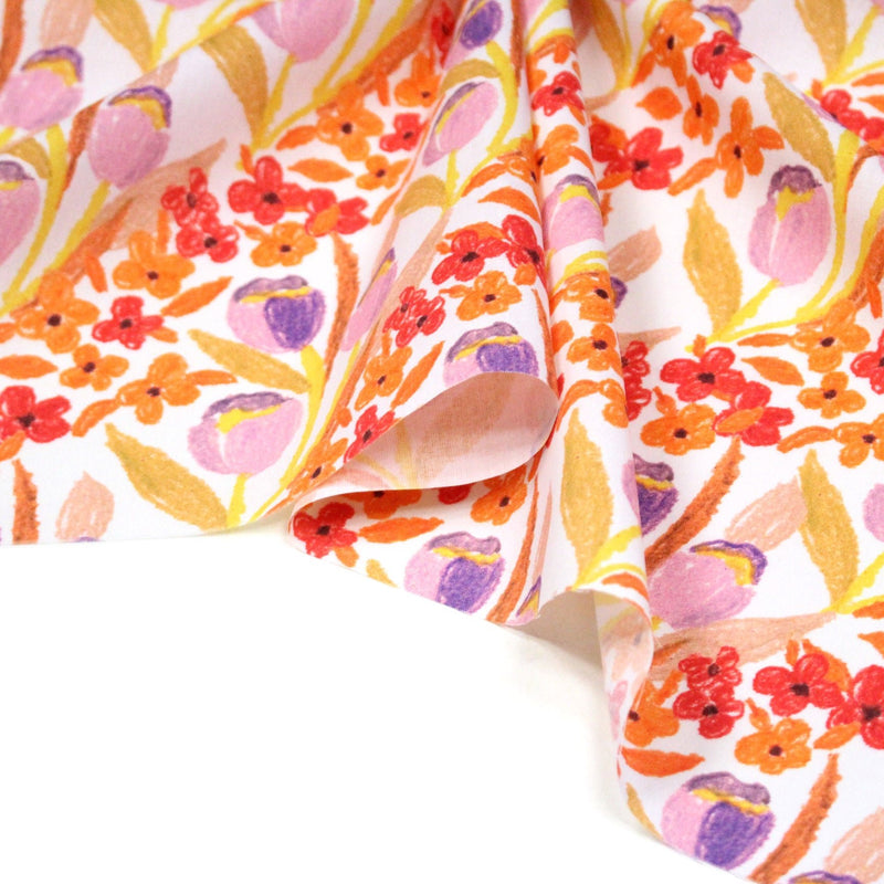 Tissu cotonnade fleurie rose, jaune, rouge et parme - COLLECTION FLEURS AU CRAYON - OEKO - TEX - tissuspipi.com
