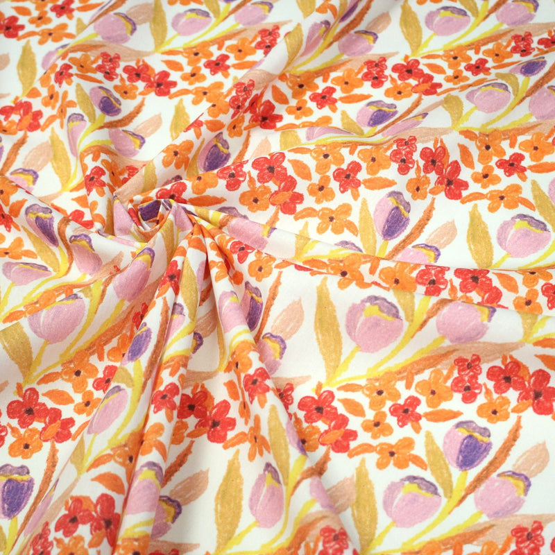 Tissu cotonnade fleurie rose, jaune, rouge et parme - COLLECTION FLEURS AU CRAYON - OEKO - TEX - tissuspipi.com