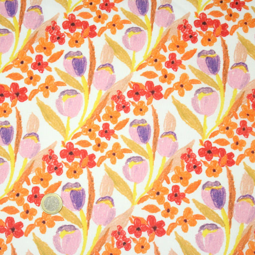 Tissu cotonnade fleurie rose, jaune, rouge et parme - COLLECTION FLEURS AU CRAYON - OEKO - TEX - tissuspipi.com
