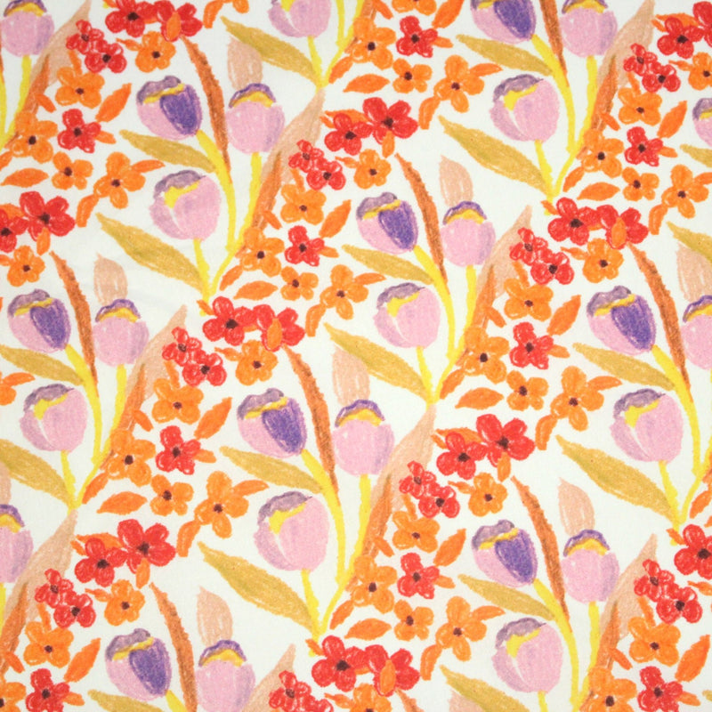 Tissu cotonnade fleurie rose, jaune, rouge et parme - COLLECTION FLEURS AU CRAYON - OEKO - TEX - tissuspipi.com