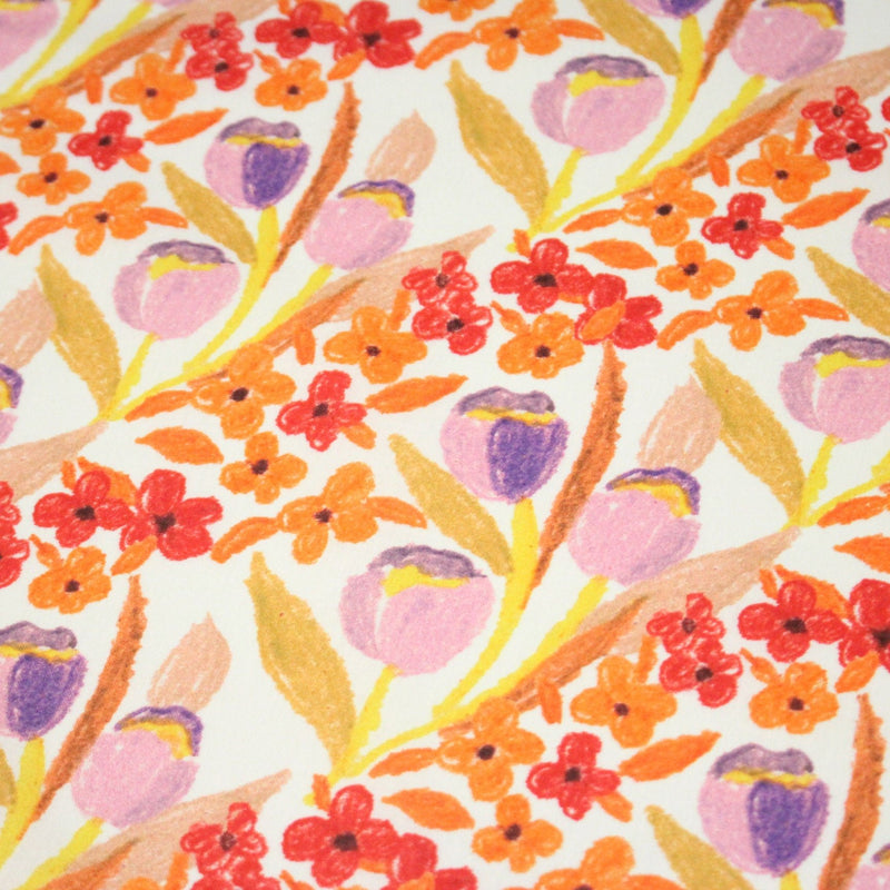 Tissu cotonnade fleurie rose, jaune, rouge et parme - COLLECTION FLEURS AU CRAYON - OEKO - TEX - tissuspipi.com