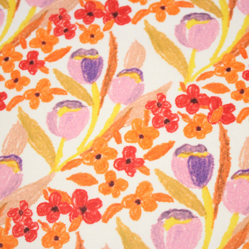 Tissu cotonnade fleurie rose, jaune, rouge et parme - COLLECTION FLEURS AU CRAYON - OEKO - TEX - tissuspipi.com
