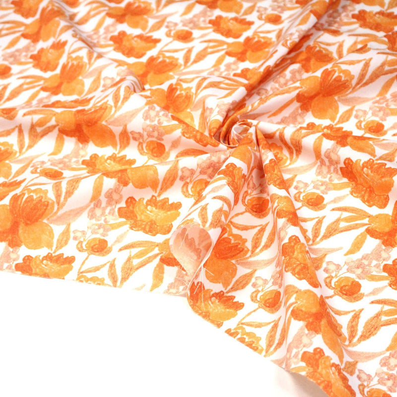 Tissu cotonnade fleurie orange safran - COLLECTION FLEURS AU CRAYON - OEKO - TEX - tissuspipi.com