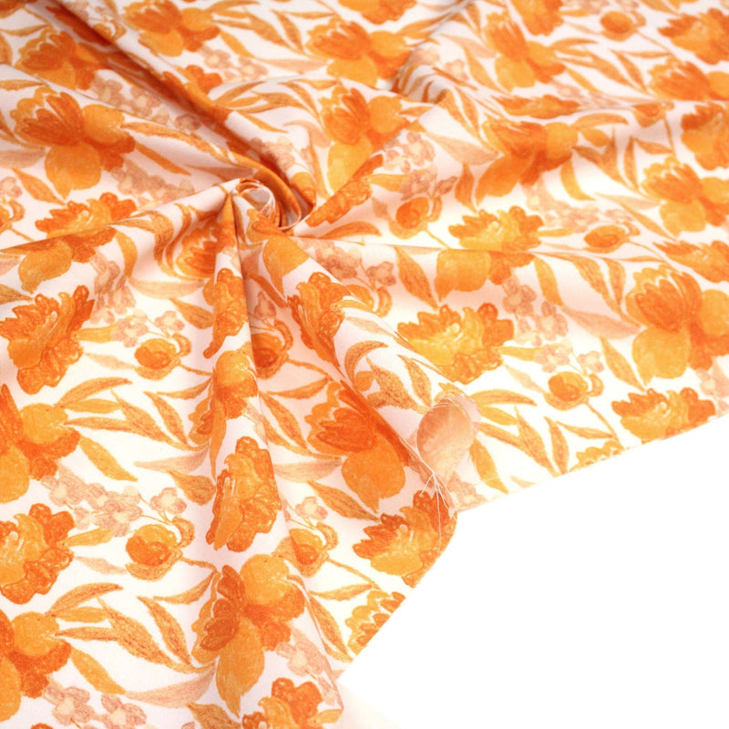 Tissu cotonnade fleurie orange safran - COLLECTION FLEURS AU CRAYON - OEKO - TEX - tissuspipi.com