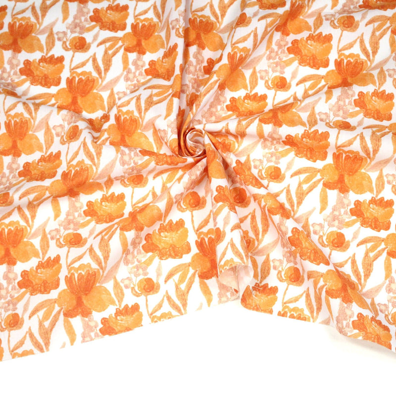 Tissu cotonnade fleurie orange safran - COLLECTION FLEURS AU CRAYON - OEKO - TEX - tissuspipi.com