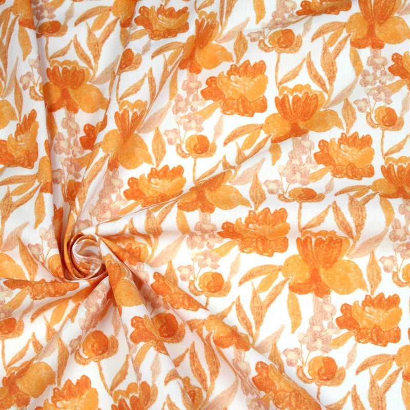 Tissu cotonnade fleurie orange safran - COLLECTION FLEURS AU CRAYON - OEKO - TEX - tissuspipi.com