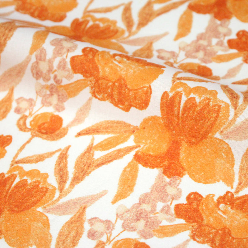 Tissu cotonnade fleurie orange safran - COLLECTION FLEURS AU CRAYON - OEKO - TEX - tissuspipi.com