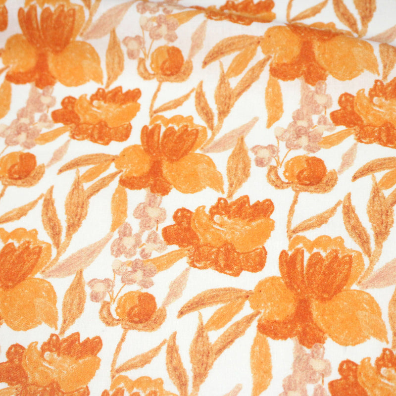 Tissu cotonnade fleurie orange safran - COLLECTION FLEURS AU CRAYON - OEKO - TEX - tissuspipi.com