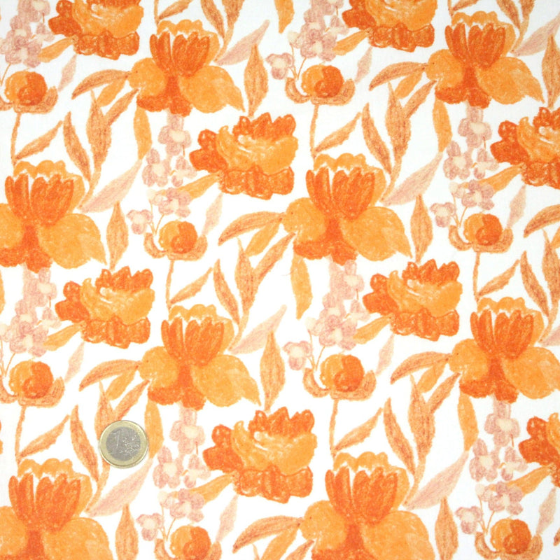 Tissu cotonnade fleurie orange safran - COLLECTION FLEURS AU CRAYON - OEKO - TEX - tissuspipi.com