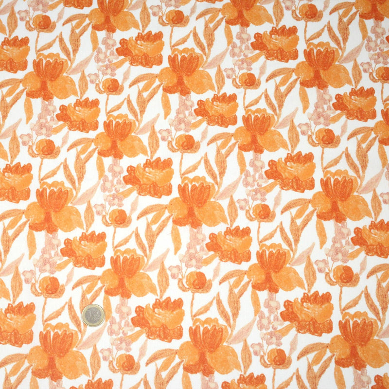 Tissu cotonnade fleurie orange safran - COLLECTION FLEURS AU CRAYON - OEKO - TEX - tissuspipi.com