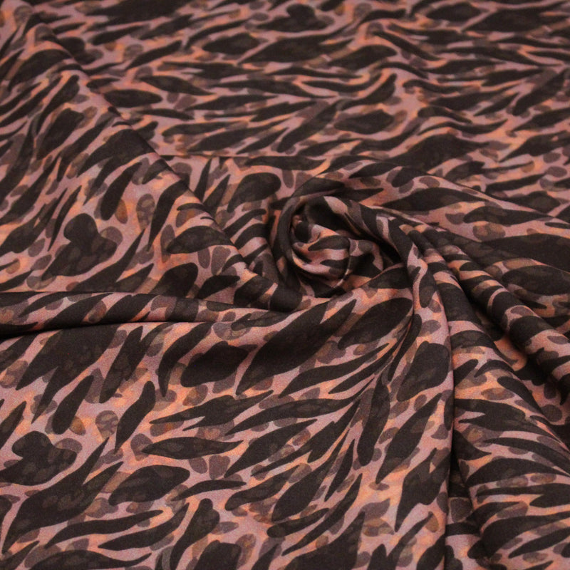 Tissu Viscose fluide marron tons chauds, motif zèbre et léopard, ZOMALIA - STANDARD 100 OEKO - TEX - tissuspipi.com
