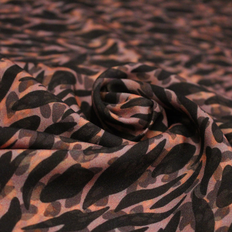 Tissu Viscose fluide marron tons chauds, motif zèbre et léopard, ZOMALIA - STANDARD 100 OEKO - TEX - tissuspipi.com