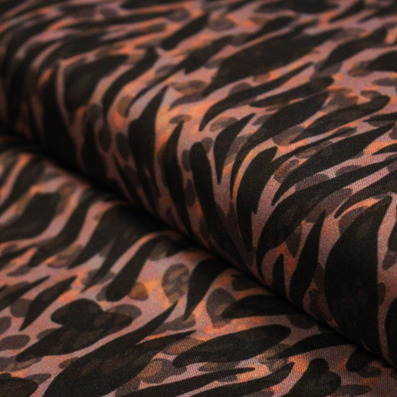 Tissu Viscose fluide marron tons chauds, motif zèbre et léopard, ZOMALIA - STANDARD 100 OEKO - TEX - tissuspipi.com