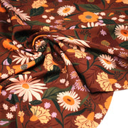 Tissu Viscose fluide marron, fleurs d'automne oranges & roses, MORICETTE - STANDARD 100 OEKO - TEX - tissuspipi.com