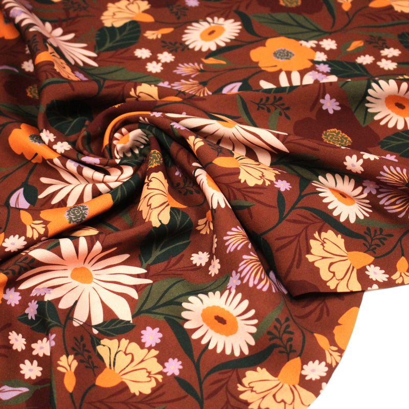 Tissu Viscose fluide marron, fleurs d'automne oranges & roses, MORICETTE - STANDARD 100 OEKO - TEX - tissuspipi.com