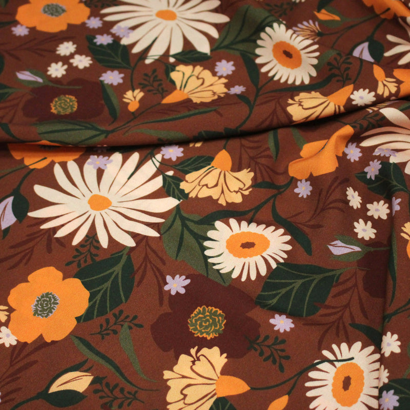 Tissu Viscose fluide marron, fleurs d'automne oranges & roses, MORICETTE - STANDARD 100 OEKO - TEX - tissuspipi.com
